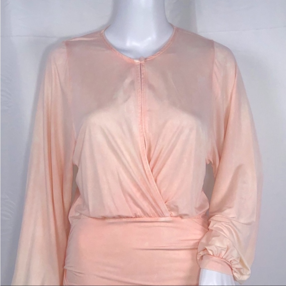 YF&B Peachy Pink Single Button Crossover Front LS Sides Ruched Mini Dress SzS - Picture 10 of 16